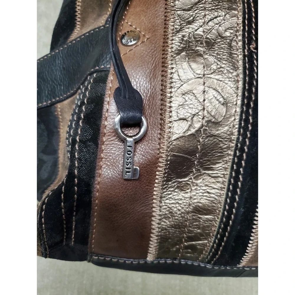Fossil Y2K Hobo Patchwork Leather Suede Bag Brown Black Bronze Metallic M